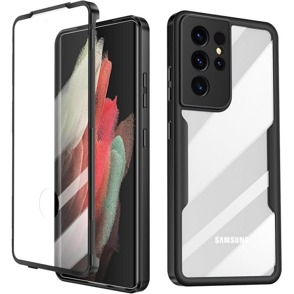 for Samsung Galaxy S21 Ultra Case, 360 Full Body Rugged Case with Built-in Screen Protector Transparent Heavy Duty Shockproof Bumper Cover for Galaxy S21 Ultra 6.8" (Black)