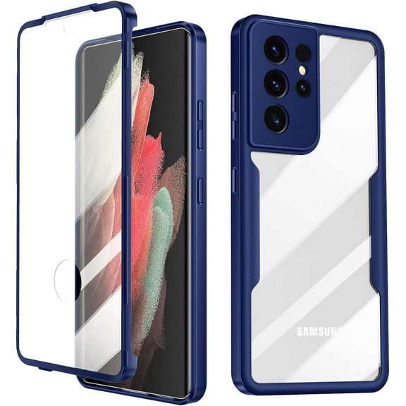 for Samsung Galaxy S21 Ultra Case, 360 Full Body Rugged Case with Built-in Screen Protector Transparent Heavy Duty Shockproof [Military-Grade Protection] Bumper Cover for Women Men (Blue)