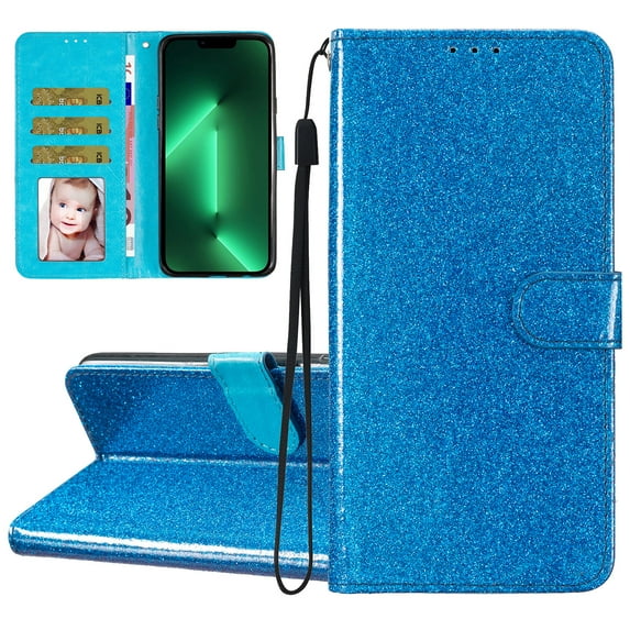 For Samsung Galaxy S21 Ultra Case Bling Glitter Shiny Magnetic Closure Luxury PU Leather RFID Blocking Wallet Card Holder Hand Strap Folio Kickstand Flip Case Women Girls, Blue