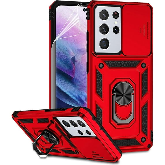 for Samsung Galaxy S21 Ultra Case with Camera Lens Cover HD Screen Protector, Military-Grade Drop Tested Magnetic Ring Holder Kickstand Protective Phone Case for Samsung Galaxy S21 Ultra 5G (Red)