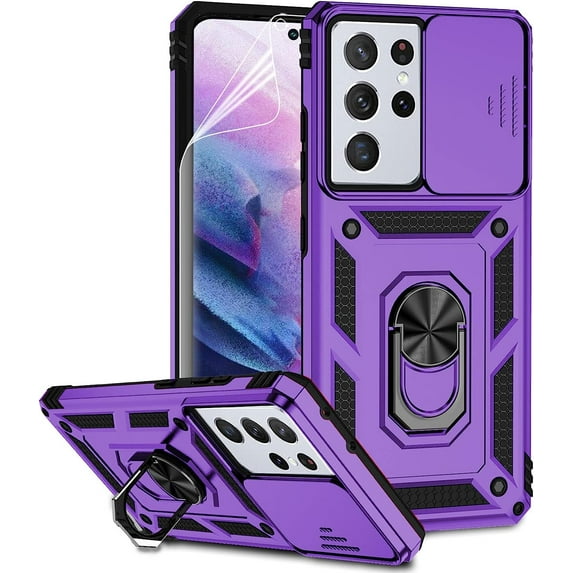for Samsung Galaxy S21 Ultra Case with Camera Lens Cover HD Screen Protector, Military-Grade Drop Tested Magnetic Ring Holder Kickstand Protective Phone Case for Samsung Galaxy S21 Ultra 5G (Purple)