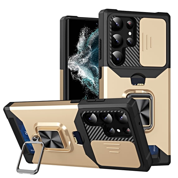 For Samsung Galaxy S21 Ultra Case with Card Holder & 360° Magnetic Ring Stand Heavy Duty Camera Lens Slide Dual Layer Shockproof Hidden Card Slot Slim Wallet Phone Case Cover for Women Men,Gold