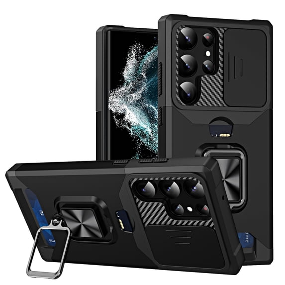 For Samsung Galaxy S21 Ultra Case with Card Holder & 360° Magnetic Ring Stand Heavy Duty Camera Lens Slide Dual Layer Shockproof Hidden Card Slot Slim Wallet Phone Case Cover for Women Men,Black