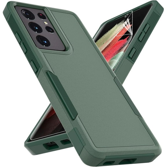 for Samsung Galaxy S21 Ultra Case: Dual Layer Protective Heavy Duty Cell Phone Cover Shockproof Rugged with Screen Protector - Military Protection Bumper Tough - Samsung Galaxy S21 Ultra, Dark Green