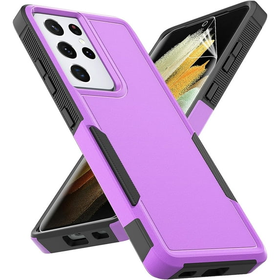 for Samsung Galaxy S21 Ultra Case: Dual Layer Protective Heavy Duty Cell Phone Cover Shockproof Rugged with Screen Protector - Military Protection Bumper Tough - Samsung Galaxy S21 Ultra 5G, Purple