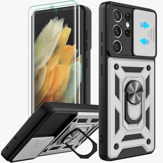 for Samsung Galaxy S21 Ultra Case with Flexible TPU Screen Protector 2 Pcs, Slide Camera Lens Cover with Kickstand Protective Case for Galaxy S21 Ultra 5G-Silver