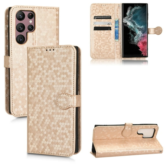 For Samsung Galaxy S21 Ultra Case Full Coverage Dustproof Anti-Scratch Anti-Fingerprint Kickstand Card Slots Wave-dot Pattern Design Convenient Wrist Strap PU Leather Luxury Wallet Cover,Rosegold