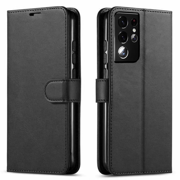 Samsung Galaxy S21 Ultra Case,  Included [Tempered Glass Screen Protector], Starshop Premium Leather Wallet Pocket Credit Card Slots-Black
