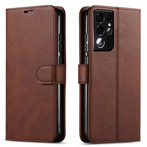 Samsung Galaxy S21 Ultra Case, Included [Tempered Glass Screen Protector], Starshop Premium Leather Wallet Pocket Credit Card Slots-Brown