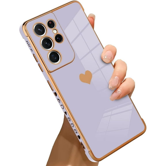 for Samsung Galaxy S21 Ultra Case Love Heart Plating Electroplate Luxury Elegant Case Camera Protector Soft TPU Shockproof Protective Corner Back Cover Galaxy S21 Ultra Case -Purple