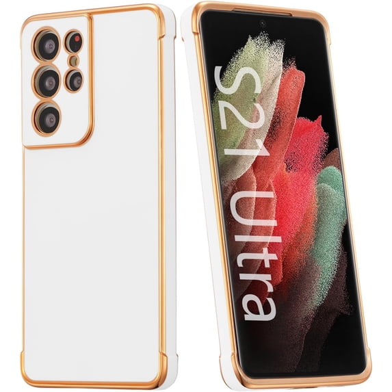 for Samsung Galaxy S21 Ultra Case Luxury Plating Case Cover Slim Lightweight Glossy Bling Phone Case Soft TPU Shockproof Bumper Case Electroplated Case,White