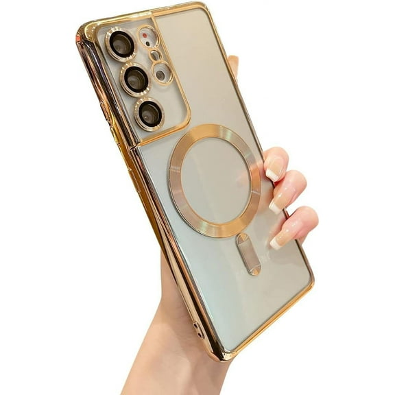 for Samsung Galaxy S21 Ultra Case Magnetic Clear with Camera Lens Protector Full Protection MagSafe Electroplated Silicone Slim Fit Shockproof Protective Phone Case 6.8 Inch - Gold