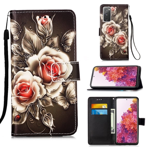 For Samsung Galaxy S21 Ultra Case, Mantto Patterned With Hand Rope Strap Cute Painted Flip Card Wallet Slots Case,Kickstand Phone Skin For Samsung Galaxy S21 Ultra 5G, Rose Flower