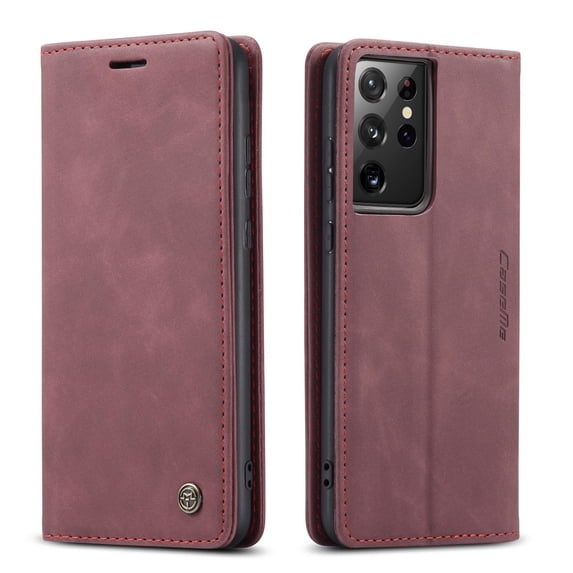 Samsung Galaxy S21 Ultra Case, Mantto Retro Cover Kickstand Folio Magnetic Phone Cover Luxury Cash Wallet Pocket With Card Slot High Qulity PU Leather Skin For Samsung Galaxy S21 Ultra, Wine Red