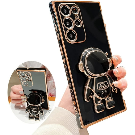 for Samsung Galaxy S21 Ultra Case,Pasteable Astronaut Kickstand Stand Bracket,Gold Trim Plating Cover for Women Upgrade Shockproof Corner for Samsung Galaxy S21 Ultra (S21Ultra,black)
