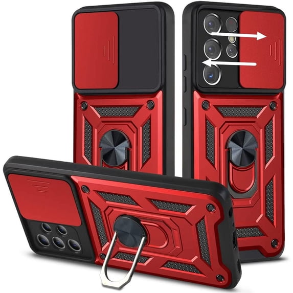 for Samsung Galaxy S21 Ultra Case, Slide Camera Cover with Magnetic Ring Kickstand Hybrid Armor Hard Phone Case for Galaxy S21 Ultra 5G for Women Men (Red, for Samsung S21 Ultra)