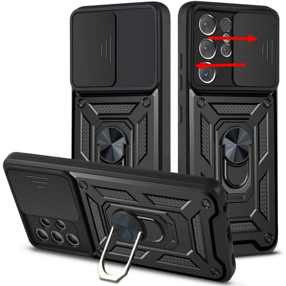 for Samsung Galaxy S21 Ultra Case, Slide Camera Lens Cover with Ring Kickstand Hybrid Armor Hard Luxury Phone Case for Galaxy S21 Ultra 5G for Women Men (Black, for Samsung S21 Ultra)
