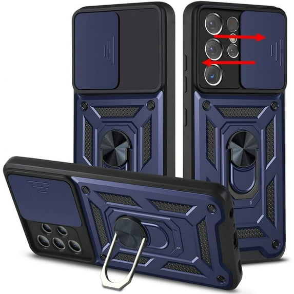 for Samsung Galaxy S21 Ultra Case, Slide Camera Lens Cover with Ring Kickstand Hybrid Armor Hard Luxury Phone Case for Galaxy S21 Ultra 5G for Women Men (Navy Blue, for Samsung S21 Ultra)