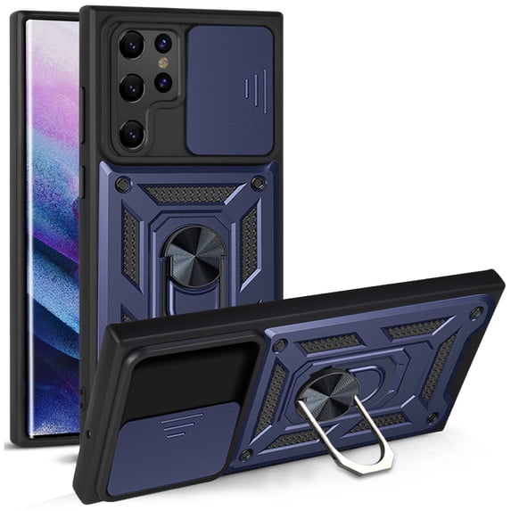 For Samsung Galaxy S21 Ultra Case with Sliding Camera Lens Cover and Ring Kickstand Heavy Duty Military Grade Rugged Protection Shockproof Back Phone Cover for Samsung Galaxy S21 Ultra, Blue