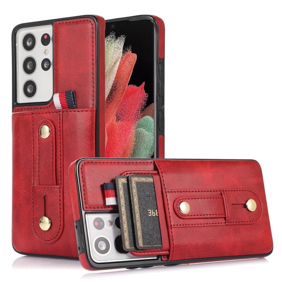 for Samsung Galaxy S21 Ultra Case Wallet with Slide Credit Card Holder, Flip Premium PU Leather Hidden Kickstand Classic Retro Heavy Duty Protective Cover for Samsung Galaxy S21 Ultra,Red