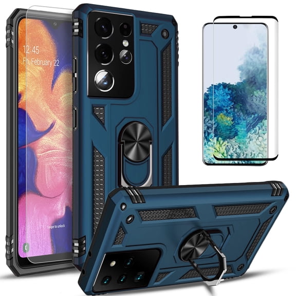 Samsung Galaxy S21 Ultra Case,  With [Tempered Glass Screen Protector Included], STARSHOP Drop Protection Ring Kickstand Cover- Ink Blue