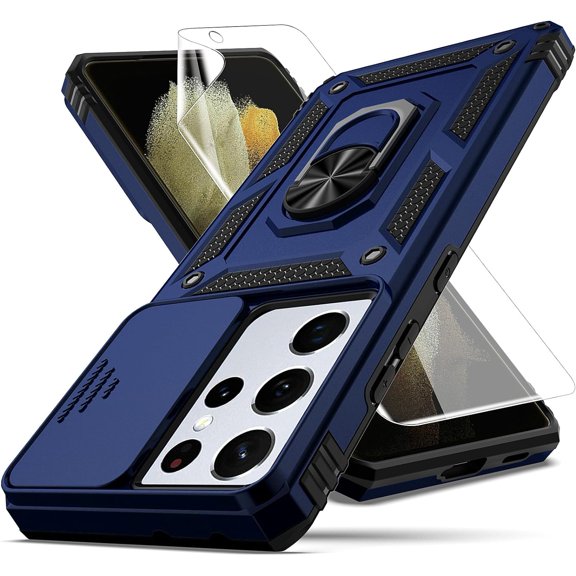 for Samsung Galaxy S21 Ultra Case,with Camera Lens Cover HD Screen Protector,[Military Grade] Ring Car Mount Kickstand Hybrid Hard PC Soft TPU Shockproof Protective Case for S21 Ultra, Blue