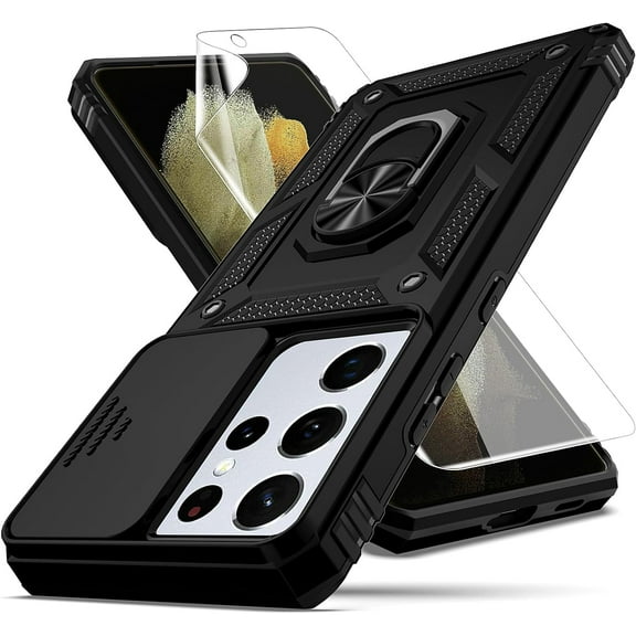 for Samsung Galaxy S21 Ultra Case,with Camera Lens Cover HD Screen Protector,[Military Grade] Ring Car Mount Kickstand Hybrid Hard PC Soft TPU Shockproof Protective Case for S21 Ultra, Black