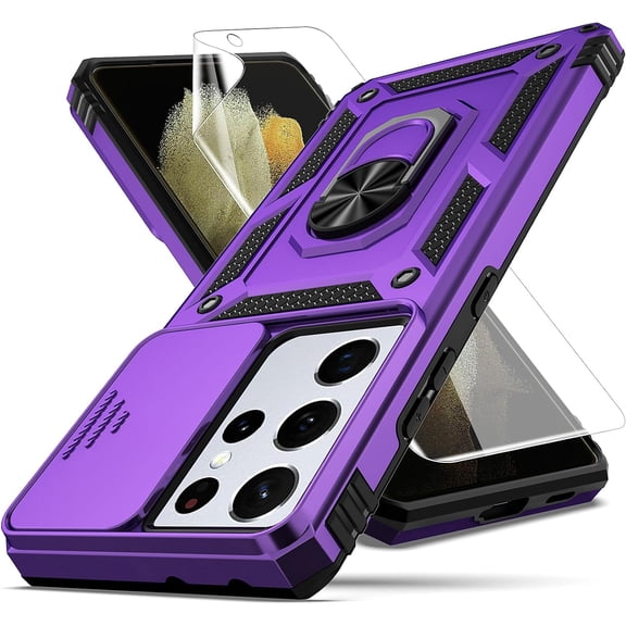 for Samsung Galaxy S21 Ultra Case,with Camera Lens Cover HD Screen Protector,[Military Grade] Ring Car Mount Kickstand Hybrid Hard PC Soft TPU Shockproof Protective Case for S21 Ultra, Purple