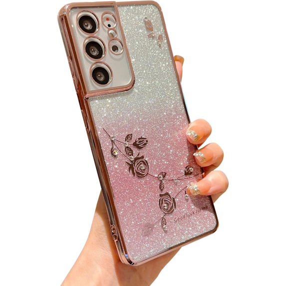 for Samsung Galaxy S21 Ultra Glitter Clear Case for Women Girls Cute Flower Bling Sparkle Luxury Plating Full Lens Camera Protection Phone Cover for S21 Ultra 5g 6.8" 2021 (Pink)
