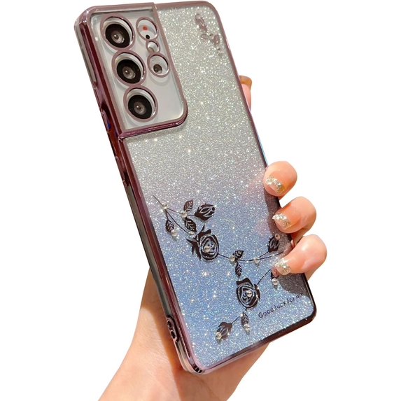 for Samsung Galaxy S21 Ultra Glitter Clear Case for Women Girls Cute Flower Bling Sparkle Luxury Plating Full Lens Camera Protection Phone Cover for S21 Ultra 5g 6.8" 2021 (Purple)