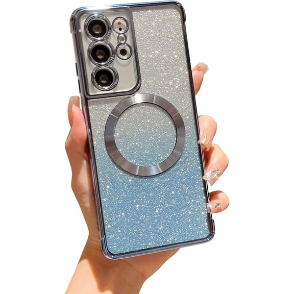 Samsung Galaxy S21 Ultra Magnetic Gardient Glitter Phone Case Compatible with Magsafe Luxury Plating Cute Bling Clear Cover for Women Soft Shockproof Bumper for Galaxy S21 Ultra 6.8"(Blue)