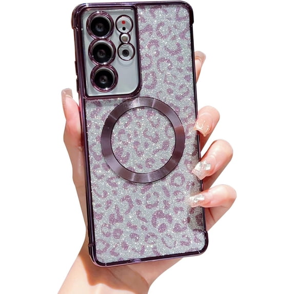 for Samsung Galaxy S21 Ultra Phone Case Magnetic Compatible with MagSafe Cute Leopard Glitter Women Case Luxury Plating Clear Camera Cover Shockproof Soft Bumper for Galaxy S21 Ultra (Deep Purple)