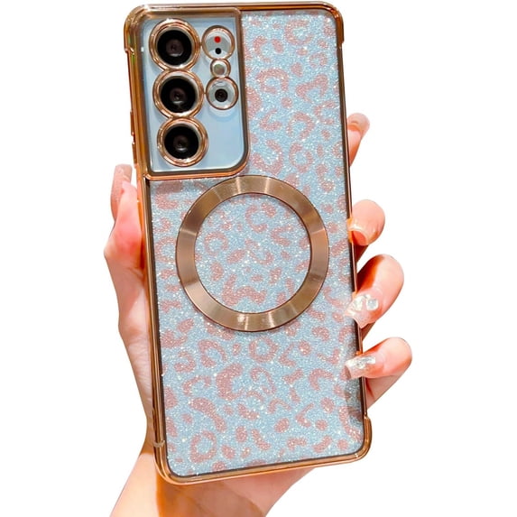 for Samsung Galaxy S21 Ultra Phone Case Magnetic Compatible with MagSafe Cute Leopard Glitter Women Case Luxury Plating Clear Camera Cover Shockproof Soft Bumper for Galaxy S21 Ultra (Gold)