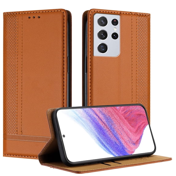 for Samsung Galaxy S21 Ultra Slim Case with Card Holder, Premium PU Leather Wallet Case with Flip Card Slots Kickstand & Magnetic Closure for Samsung Galaxy S21 Ultra, Brown
