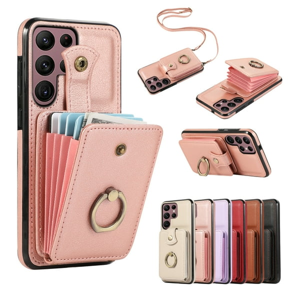 for Samsung Galaxy S21 Ultra Wallet Case with Card Holder, PU Leather Case with Ring Holder Kickstand, Snap Button Card Slots Case for Women Men for S21 Ultra with Crossbody Strap - Rosegold