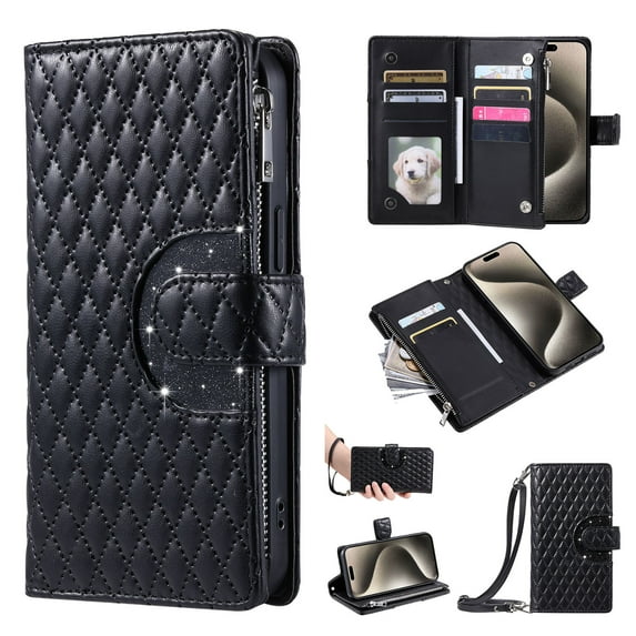 for Samsung Galaxy S21 Ultra Wallet Case, Classic PU Leather Phone Case for Women Men with Zipper Credit Card Holder Wrist Strap Crossbody Strap Shockproof Flip Case for S21 Ultra, Black