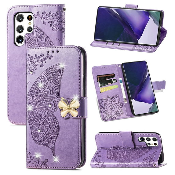 Samsung Galaxy S21 Ultra Wallet Case, Mantto Bling Butterfly Flower PU Leather Flip Phone Cover Credit Cards Slot Shockproof Protective Kickstand Case for Samsung Galaxy S21 Ultra, Lightpurple
