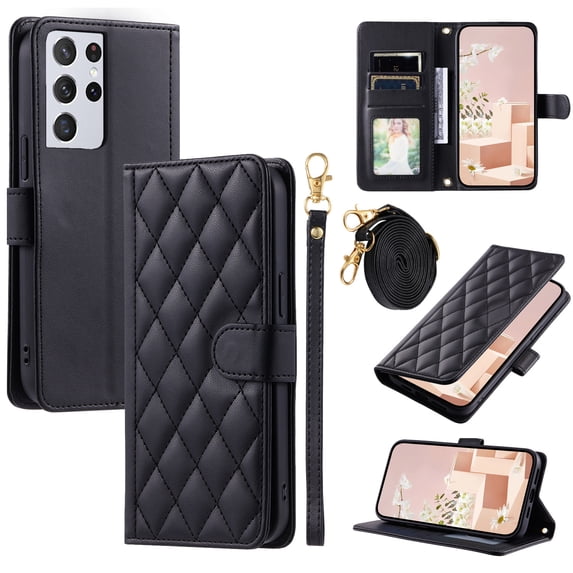for Samsung Galaxy S21 Ultra Wallet Case, Premium PU Leather Magnetic Flip Folio Case with Wrist Strap Credit Card Holder for Women Men Crossbody Strap Case Cover for Samsung Galaxy S21 Ultra, Black