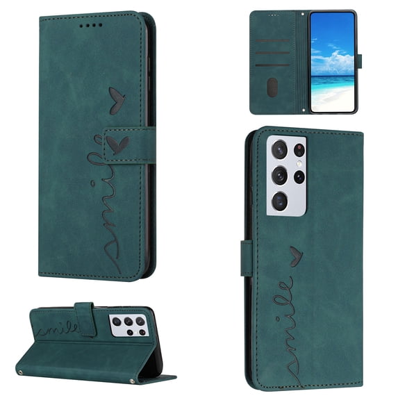 For Samsung Galaxy S21 Ultra Wallet Cover, PU Leather Kickstand Credit Card Pocket Slots Wrist Strap Magnetic Folio Heart Patterned Embossed Flip Cover for Samsung Galaxy S21 Ultra, Green