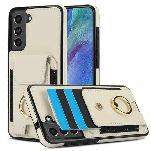 For Samsung Galaxy S21 Wallet Case with Card Holder, 360°Rotation Ring Holder Kickstand, 4 Card Slots PU Leather Case, RFID Blocking Magnetic Clasp Protective Cover,Apricot