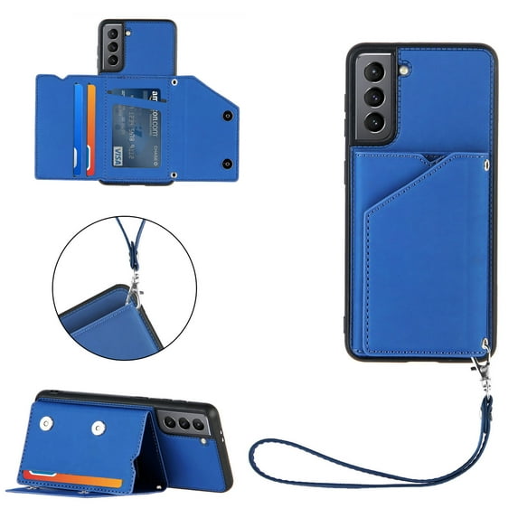 for Samsung Galaxy S21 Wallet Case with Card Holder, for Samsung Galaxy S21 Case with RFID Blocking Card Slots, Double Magnetic Clasp Durable Shockproof Kickstand Detachable Wrist Strap Cover,Blue
