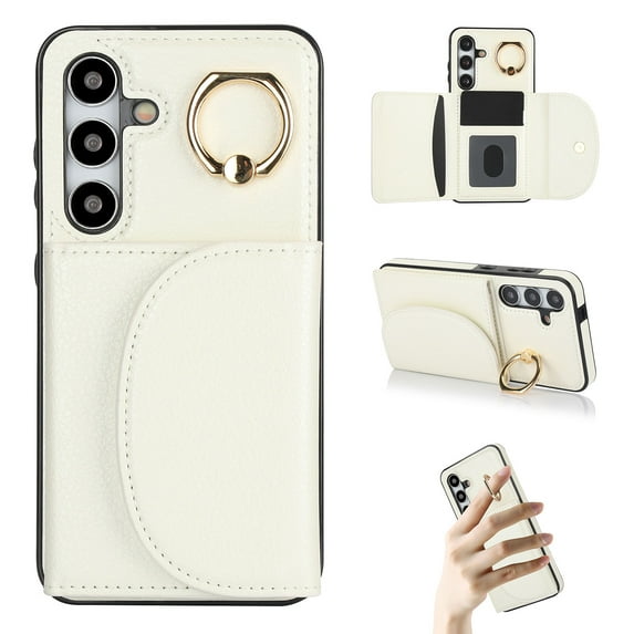 for Samsung Galaxy S21 Wallet Case with Card Holder Women Men, Flip PU Leather Kickstand Shockproof Protective Phone Cover Magnetic Clasp 360 Rotation Ring Stand for Samsung S21, White