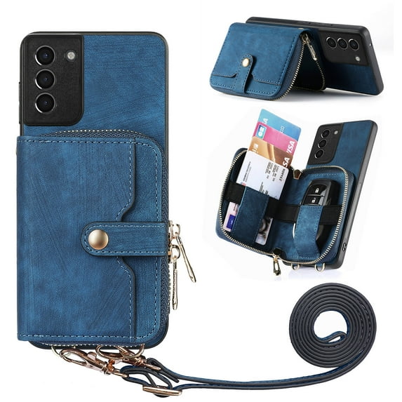 for Samsung Galaxy S21 Wallet Case, Crossbody Phone Purse with Card Holder for Women, Zipper PU Leather Carrying Cover Gift with Shoulder Strap Kickstand Anti-drop for S21 - Blue