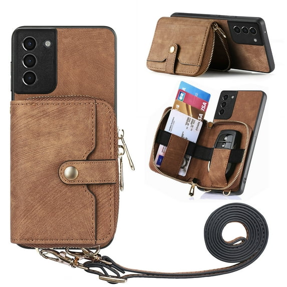 for Samsung Galaxy S21 Wallet Case, Crossbody Phone Purse with Card Holder for Women, Zipper PU Leather Carrying Cover Gift with Shoulder Strap Kickstand Anti-drop for S21 - Brown