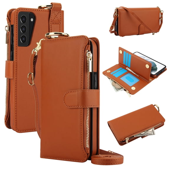 for Samsung Galaxy S21 Wallet Case, Multi-Functional Zipper Purse Case with Card Holders, RFID Blocking Full Body Case, Shoulder Strap Wristband Crossbody Cover for Samsung Galaxy S21, Brown