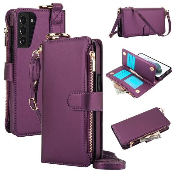 for Samsung Galaxy S21 Wallet Case, Multi-Functional Zipper Purse Case with Card Holders, RFID Blocking Full Body Case, Shoulder Strap Wristband Crossbody Cover for Samsung Galaxy S21, Deeppurple