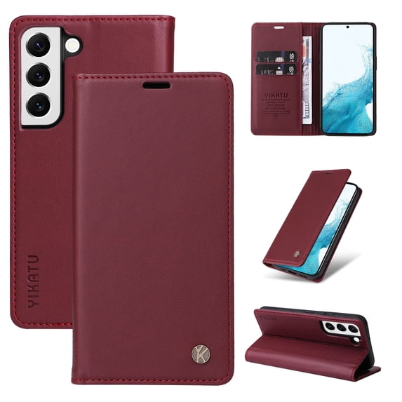 for Samsung Galaxy S21 Wallet Case with RFID Blocking Credit Card Holder,Classic Vegan PU Premium Leather Folio Magneitc Flip Kickstand Shockproof Cover for Samsung S21 Phone case,Winered