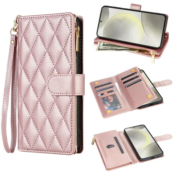 for Samsung Galaxy S21 Wallet case with Card Holder,Phone case RFID Blocking PU Leather Flip Shockproof Cover with Hand Strap Zipper Credit Card Holder Slots for Women Men,Rosegold