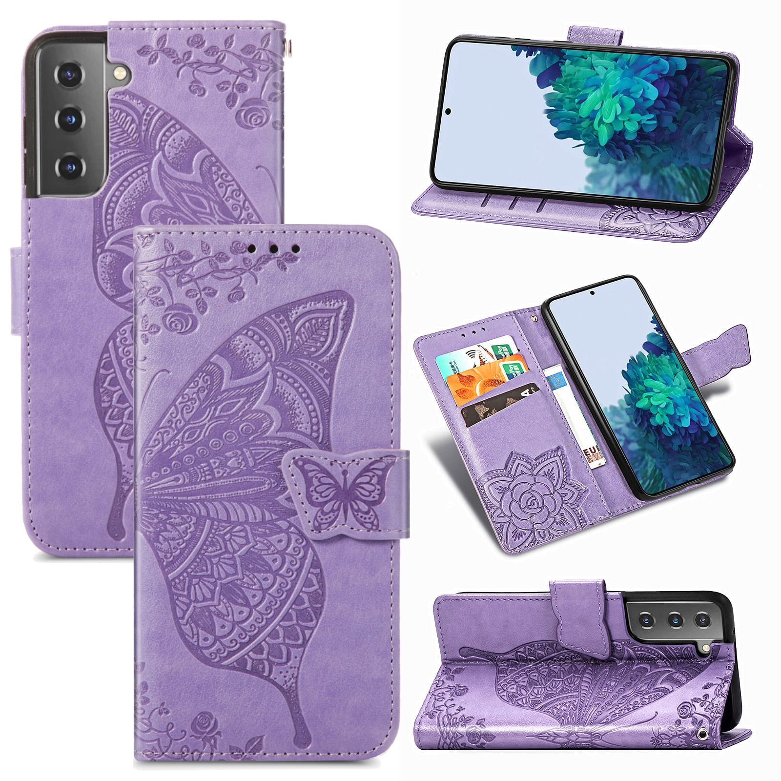 Samsung Galaxy S22 5G Case, Butterfly Embossed Flip Folio Wallet Case Magnetic Closure RFID Blocking Card Slots Kickstand Shockproof Stand Case for Samsung Galaxy S22 5G 6.1 inch,Lightpurple