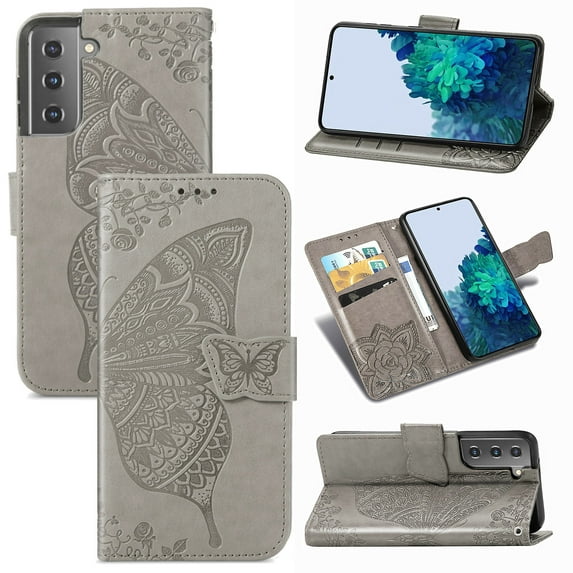 Samsung Galaxy S22 5G Case, Dteck PU Leather Butterfly Embossed Design Phone Case Flip Notebook Wallet Card Slot Holder Magnetic Stand Cover for Samsung Galaxy S22 5G, Gray